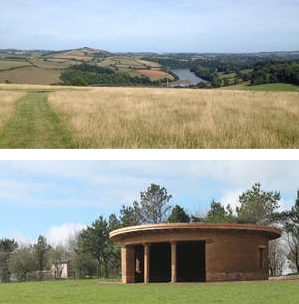 Sharpham Meadow view over the Dart and ceremonial building